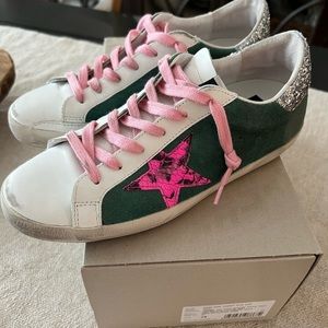 New in box! Golden Goose - green suede with fushia pink snakeskin star